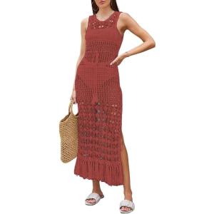 imageBsubseach Crochet Cover Ups for Swimwear Women Sleeveless Knit Beach Dress Open Back Bathing Suit CoverupRust Red