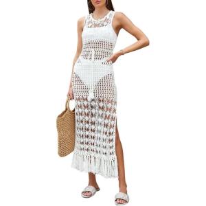 imageBsubseach Crochet Cover Ups for Swimwear Women Sleeveless Knit Beach Dress Open Back Bathing Suit CoverupWhite