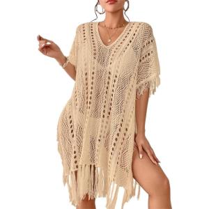imageBsubseach Crochet Coverups for Women Tassel Hollow Out Slit Swimsuit Coverup Bathing Suit Cover Up Beach DressApricot