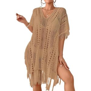 imageBsubseach Crochet Coverups for Women Tassel Hollow Out Slit Swimsuit Coverup Bathing Suit Cover Up Beach DressCamel
