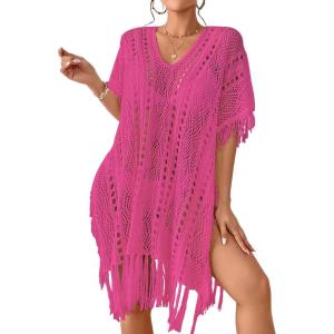 imageBsubseach Crochet Coverups for Women Tassel Hollow Out Slit Swimsuit Coverup Bathing Suit Cover Up Beach DressRose Red