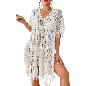 imageBsubseach Crochet Coverups for Women Tassel Hollow Out Slit Swimsuit Coverup Bathing Suit Cover Up Beach DressWhite