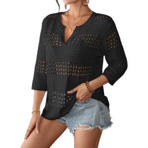 imageBsubseach Crochet Tops for Women 34 Sleeve Swimsuit Coverup Beach Vacation Clothes Spring Summer SweatersBlack