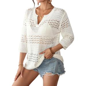 imageBsubseach Crochet Tops for Women 34 Sleeve Swimsuit Coverup Beach Vacation Clothes Spring Summer SweatersOffwhite
