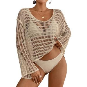 imageBsubseach Crochet Tops for Women Long Sleeve Beach Swimsuit Coverup Mesh Knit Crop Top Bathing Suit Cover UpApricot