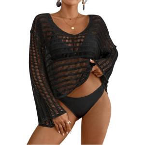 imageBsubseach Crochet Tops for Women Long Sleeve Beach Swimsuit Coverup Mesh Knit Crop Top Bathing Suit Cover UpBlack