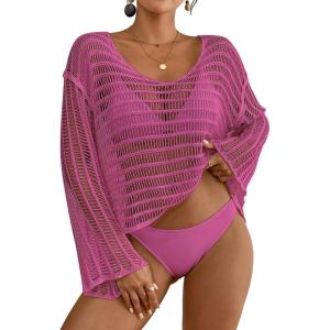 imageBsubseach Crochet Tops for Women Long Sleeve Beach Swimsuit Coverup Mesh Knit Crop Top Bathing Suit Cover UpRose Red