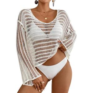 imageBsubseach Crochet Tops for Women Long Sleeve Beach Swimsuit Coverup Mesh Knit Crop Top Bathing Suit Cover UpWhite