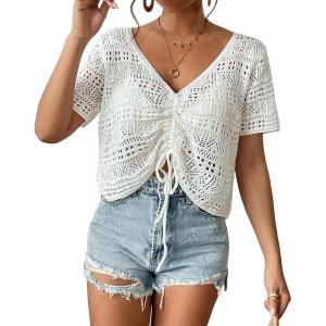 imageBsubseach Swimsuit Coverup for Women 2025 Summer Crochet Bathing Suit Cover Ups Hollow Out Short Sleeve Knit TopsWhite