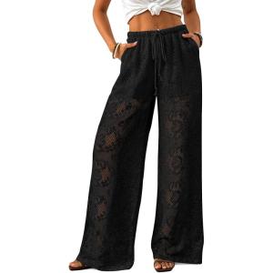 imageBsubseach Women Crochet Beach Cover Up Pants Sheer Wide Leg Drawstring Summer Swimsuit Coverup Long Pants with PocketsBlack