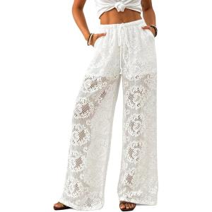 imageBsubseach Women Crochet Beach Cover Up Pants Sheer Wide Leg Drawstring Summer Swimsuit Coverup Long Pants with PocketsWhite