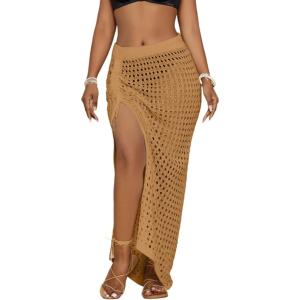imageBsubseach Womens Crochet Cover Up Skirt 2025 Knit Drawstring Long Coverups for Swimwear Elastic Waist Beach WrapKhaki