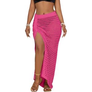 imageBsubseach Womens Crochet Cover Up Skirt 2025 Knit Drawstring Long Coverups for Swimwear Elastic Waist Beach WrapRose