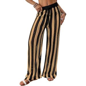 imageBsubseach Womens Crochet Swimsuit Coverup Pants Striped High Waisted Drawstring Sexy Sheer Mesh Knit Wide Leg Beach PantsBlack Brown