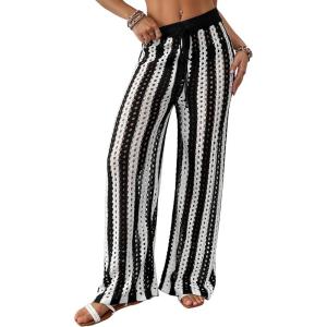 imageBsubseach Womens Crochet Swimsuit Coverup Pants Striped High Waisted Drawstring Sexy Sheer Mesh Knit Wide Leg Beach PantsBlack White