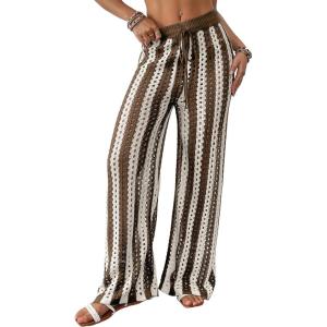 imageBsubseach Womens Crochet Swimsuit Coverup Pants Striped High Waisted Drawstring Sexy Sheer Mesh Knit Wide Leg Beach PantsCream  Brown Stripes