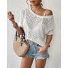 imageBsubseach Crochet Tops for Women Short Sleeve Cover Ups for Swimwear Women Knit Hollow Out Sweater Mesh Top 2025 Off White L