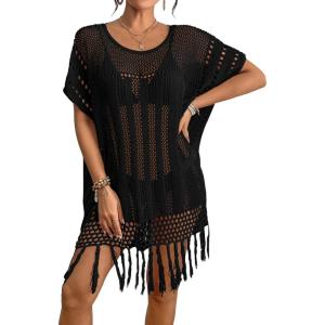imageBsubseach Crochet Swimsuit Coverup Bohemian Bathing Suit Cover Up for Women Hollow Out Knit Beach DressBlack