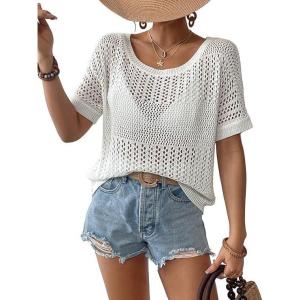imageBsubseach Crochet Tops for Women Short Sleeve Cover Ups for Swimwear Women Knit Hollow Out Sweater Mesh Top 2025 Off White L