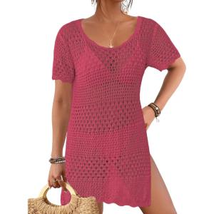 imageBsubseach Bathing Suit Cover Up for Women Hollow Out Crochet Coverups Beach Dress 2025 Vacation OutfitsHot Pink