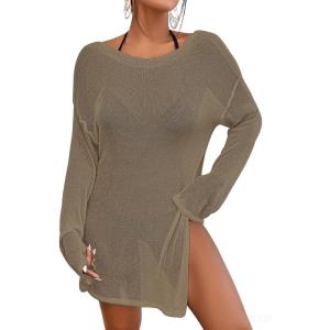 imageBsubseach Crochet Cover Ups for Women Bathing Suit Cover Up Dress Mesh Beach TopLight Brown