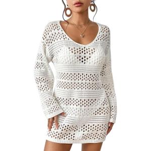 imageBsubseach Crochet Coverups for Women Swimwear Knit Top Beach Cover Up Hollow Out Vacation Dress Summer Outfits White