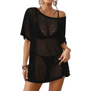 imageBsubseach Crochet Swimsuit Coverup for Women Hollow Out Bikini Beach Cover Up Dress Knit Summer OutfitsBlack