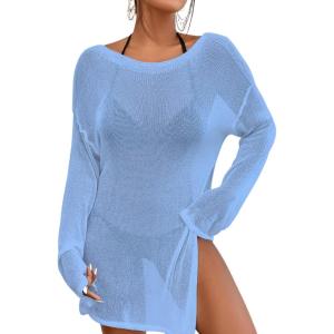 imageBsubseach Crochet Swimsuit Coverup for Women Sheer Bathing Suit Cover Ups Kintted Swimwear Bikini Beach Vacation Outfits Sky Blue2 XL