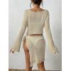 imageBsubseach Women Crochet Set 2 Piece Swimsuit Cover Up Long Sleeve VNeck Crop Top Knit Mini Wrap Skirt Beach Vacation SetsApricot