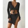 imageBsubseach Women Crochet Set 2 Piece Swimsuit Cover Up Long Sleeve VNeck Crop Top Knit Mini Wrap Skirt Beach Vacation SetsBlack