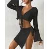 imageBsubseach Women Crochet Set 2 Piece Swimsuit Cover Up Long Sleeve VNeck Crop Top Knit Mini Wrap Skirt Beach Vacation SetsBlack