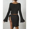 imageBsubseach Women Crochet Set 2 Piece Swimsuit Cover Up Long Sleeve VNeck Crop Top Knit Mini Wrap Skirt Beach Vacation SetsBlack