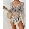 imageBsubseach Womens Swimwear Cover Ups Crochet Swimsuit Coverup Knit Beach Top with Tassels White S