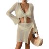 imageBsubseach Women Crochet Set 2 Piece Swimsuit Cover Up Long Sleeve VNeck Crop Top Knit Mini Wrap Skirt Beach Vacation SetsApricot