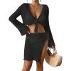 imageBsubseach Women Crochet Set 2 Piece Swimsuit Cover Up Long Sleeve VNeck Crop Top Knit Mini Wrap Skirt Beach Vacation SetsBlack