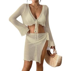 imageBsubseach Women Crochet Set 2 Piece Swimsuit Cover Up Long Sleeve VNeck Crop Top Knit Mini Wrap Skirt Beach Vacation SetsApricot