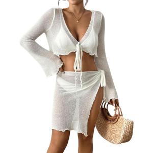 imageBsubseach Women Crochet Set 2 Piece Swimsuit Cover Up Long Sleeve VNeck Crop Top Knit Mini Wrap Skirt Beach Vacation SetsWhite