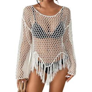 imageBsubseach Womens Swimwear Cover Ups Crochet Swimsuit Coverup Knit Beach Top with Tassels White S
