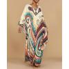 imageBsubseach Kaftan Dresses for Women Ethnic Print Plus Size Beach Cover Ups Batwing Sleeve Caftans with PocketsBeige