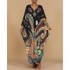 imageBsubseach Kaftan Dresses for Women Ethnic Print Plus Size Beach Cover Ups Batwing Sleeve Caftans with PocketsBlack