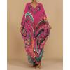imageBsubseach Kaftan Dresses for Women Ethnic Print Plus Size Beach Cover Ups Batwing Sleeve Caftans with PocketsRose Red