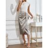 imageBsubseach Women Satin Midi Skirt Tie Knot Front Silk High Waist Ruched Wrap Skirts Cocktail Party Wedding Elegant SkirtChampagne Silver