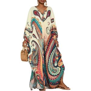 imageBsubseach Kaftan Dresses for Women Ethnic Print Plus Size Beach Cover Ups Batwing Sleeve Caftans with PocketsBeige