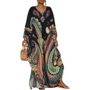imageBsubseach Kaftan Dresses for Women Ethnic Print Plus Size Beach Cover Ups Batwing Sleeve Caftans with PocketsBlack