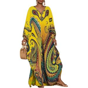 imageBsubseach Kaftan Dresses for Women Ethnic Print Plus Size Beach Cover Ups Batwing Sleeve Caftans with PocketsYellow