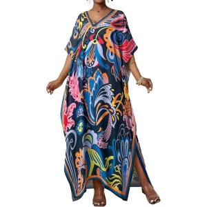 imageBsubseach Women Kaftan Dresses Ethnic Print VNeck Beach Cover Up Plus Size Caftan Loungewear Summer Swimsuit CoverupBlue