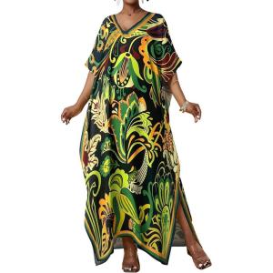 imageBsubseach Women Kaftan Dresses Ethnic Print VNeck Beach Cover Up Plus Size Caftan Loungewear Summer Swimsuit CoverupGreen