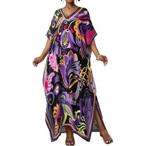 imageBsubseach Women Kaftan Dresses Ethnic Print VNeck Beach Cover Up Plus Size Caftan Loungewear Summer Swimsuit CoverupPurple