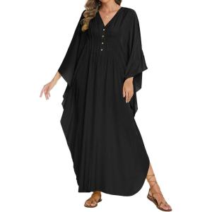 imageBsubseach Women Kaftan Dresses Solid V Neck Swimsuit Coverup Batwing Sleeve Satin Plus Size Caftans with PocketsBlack