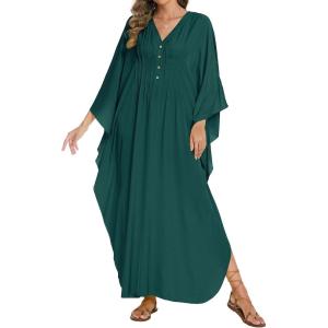 imageBsubseach Women Kaftan Dresses Solid V Neck Swimsuit Coverup Batwing Sleeve Satin Plus Size Caftans with PocketsGreen